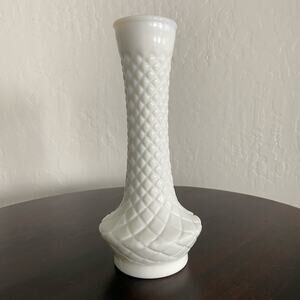 Milk glass bud vase Randall vintage quilted diamond flared 9”